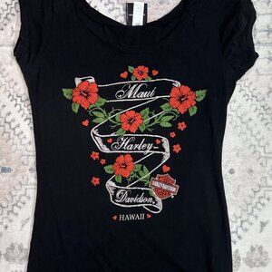 Y2K Women's Harley Davidson Maui Hawaii T-Shirt Roses Sparkle Size Medium Black